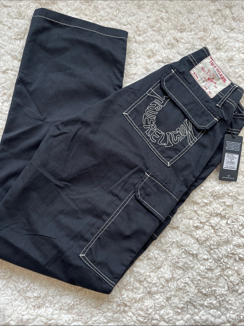 True Religion Black Cargo Pants with White Contrast Stitching
